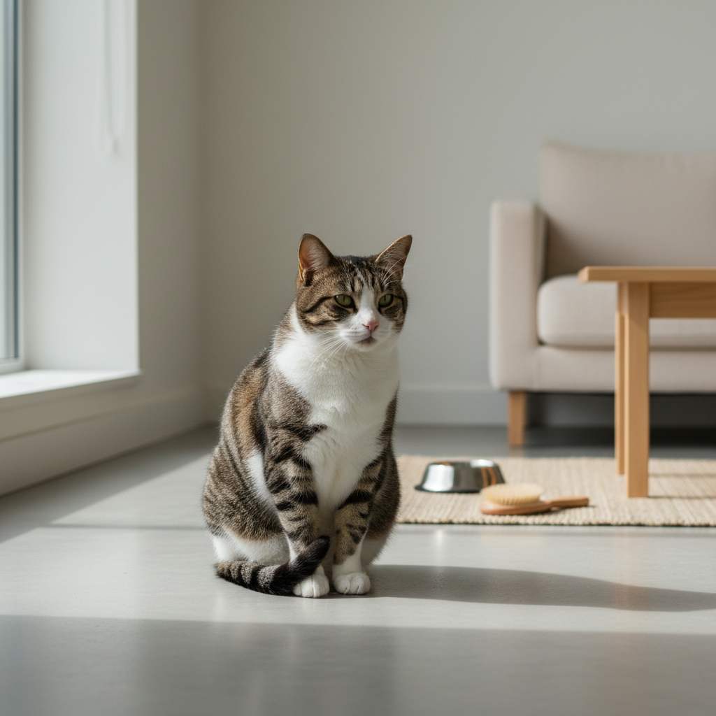 這張貓咪照護主題的圖片中，一隻擁有黑白虎斑與白色相間毛髮的貓咪，優雅地端坐在淺灰色地板上，眼神望向遠方，展現出牠平靜的一面。背景是明亮的居家空間，光線從窗邊灑入，營造出溫馨舒適的養貓生活氛圍。