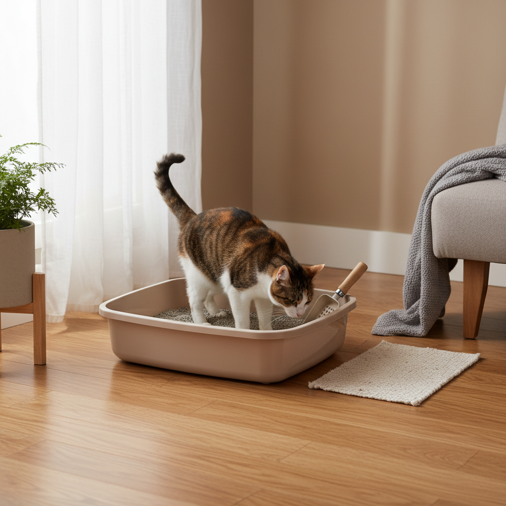 一隻擁有橘、白、棕色斑紋的貓咪，正在淺棕色的貓砂盆裡使用貓砂。牠的身體微弓，頭部朝下，專注於撥弄貓砂。貓砂盆旁放著一把淺色木柄的貓砂鏟。這個居家場景顯示了養貓生活中，貓砂盆清潔與貓咪照護的重要性，確保貓咪健康舒適。