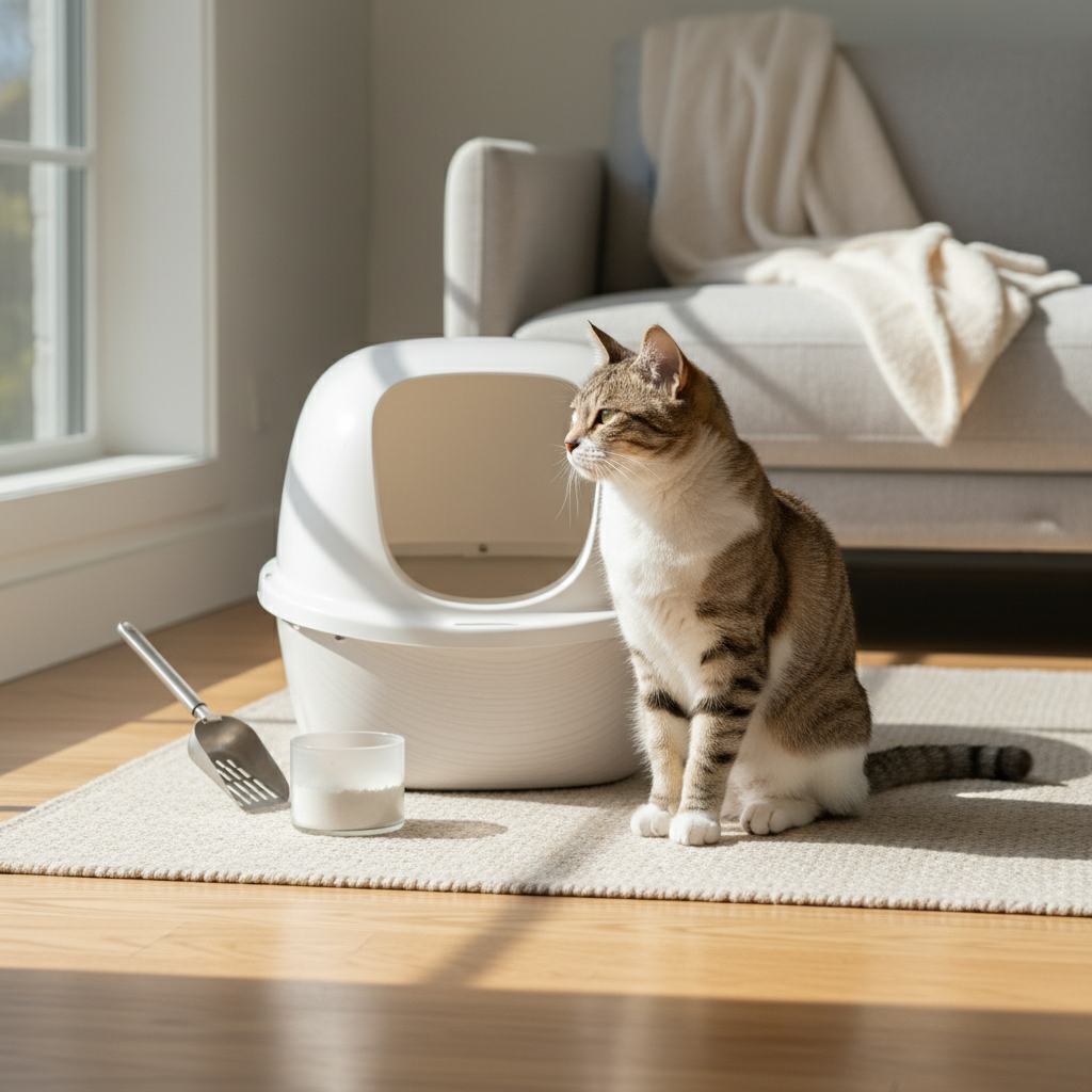 一隻斑紋貓咪優雅地坐在陽光灑落的客廳角落，旁邊是乾淨的貓砂盆與貓砂鏟、準備更換的貓砂，這張圖片完美呈現了養貓生活中的貓咪照護日常，也提醒飼主維持貓砂盆清潔對於貓咪健康的重要性。