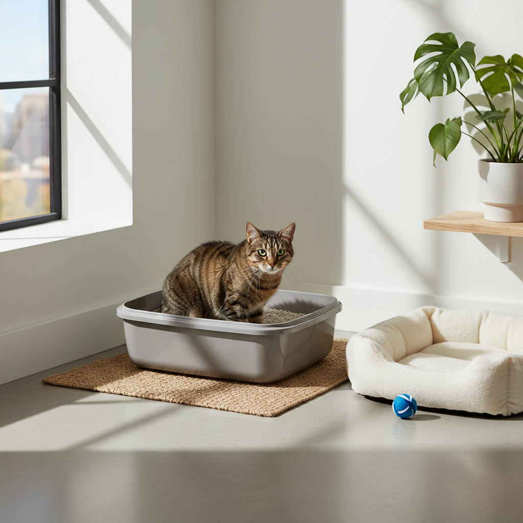 一隻斑紋貓咪正在淺灰色的貓砂盆裡，背景是明亮的白色牆壁與窗戶，窗外灑落著陽光，地上鋪有編織地墊。旁邊還有一個米白色柔軟貓窩和一顆藍色玩具球，是養貓新手準備貓咪照護的必備用品。