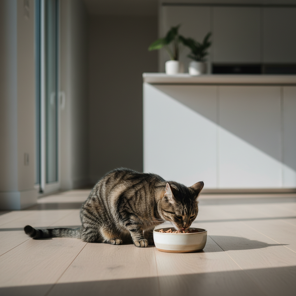 一隻花紋清晰的虎斑貓在明亮的客廳木質地板上，專心地低頭吃著碗裡的貓糧。充足的自然光線從左側窗戶灑進來，營造出溫暖舒適的氛圍，顯示出主人對貓咪健康與照護的重視，特別是在飲食方面。