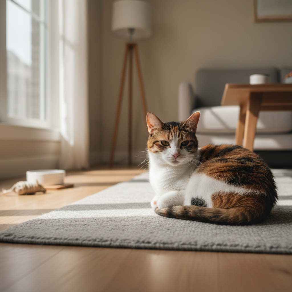 一隻擁有橘、白、黑三色毛髮的貓咪,正在灑滿陽光的室內地板上休憩,看起來非常放鬆。牠的眼神溫和地望向前方,毛髮光亮整潔,展現出良好的貓咪健康狀態。畫面溫馨舒適,讓人感受到平靜的養貓生活。