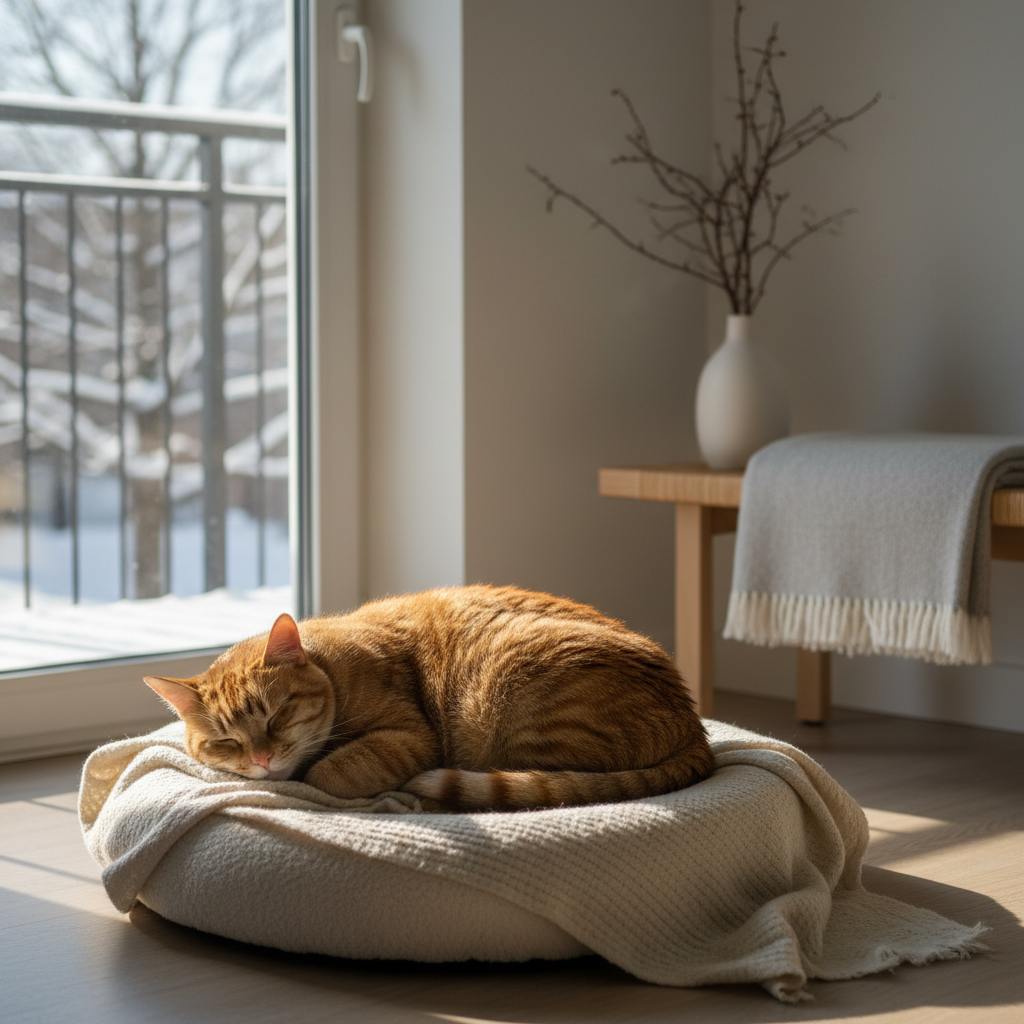 一隻橘色的虎斑貓咪，在陽光灑落的窗邊舒適地睡著，牠躺在一個鋪著米色柔軟毯子的圓形貓窩上，看起來放鬆又溫暖。窗外是白雪皚皚的冬日街景，營造出寧靜的氛圍。這張圖完美展現了貓咪在溫暖的家裡享受美好時光的畫面，讓人感受到養貓生活的溫馨與美好。