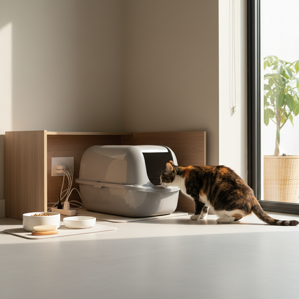 一隻橘白色相間的虎斑貓正在使用家中的貓砂盆，這個貓砂盆是灰色的上蓋式設計，擺放在木質矮櫃下方，旁邊還有貓咪的飼料碗和水碗。從這個養貓生活的畫面中，可以看出飼主對貓咪照護的用心。