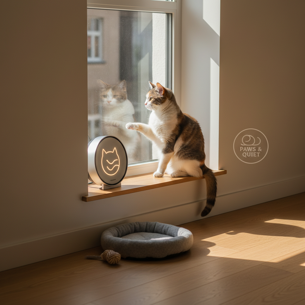 一隻白棕相間的虎斑貓坐在窗台上，一隻前掌輕輕抵著窗戶，望向窗外。陽光灑落在貓咪身上和地板上，營造出溫暖舒適的氛圍。窗台旁放著一個印有貓咪圖案的燈飾，地板上則有一個灰色貓窩和一顆貓玩具，顯示出充滿貓咪健康與照護的居家生活感。
