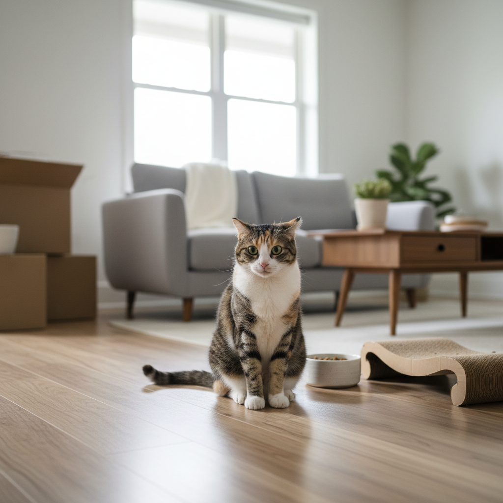 一隻擁有棕色斑紋和白色胸腹的貓咪，在採光良好的居家客廳地板上優雅地坐著，身旁擺放著食物碗和瓦楞紙貓抓板，畫面後方是沙發和窗戶，整個場景呈現出溫馨的養貓生活與貓咪照護環境。