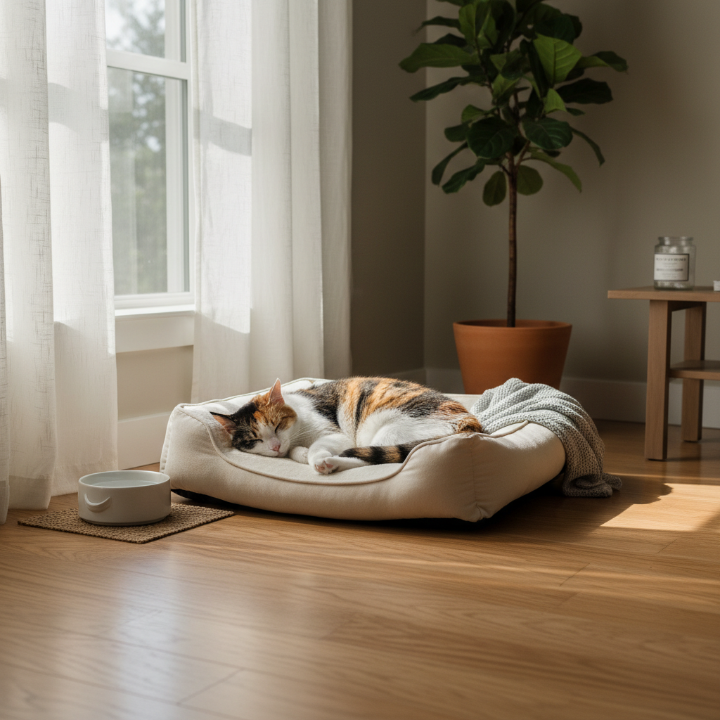 一隻花色貓咪在溫暖陽光下舒服地睡在米色貓窩裡，旁邊有一個白色水碗，營造出悠閒的養貓生活場景，展現貓咪健康舒適的日常。