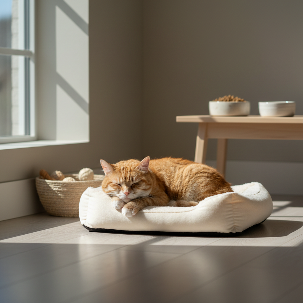 一隻橘貓舒適地窩在米白色貓窩裡，沐浴在窗邊灑落的溫暖陽光中熟睡，享受著寧靜的養貓生活。陽光在木地板上形成美麗的光影，前方擺著一個藤編籃，遠處桌上還有貓咪的飼料碗，呈現出貓咪健康且受照護的居家氛圍。