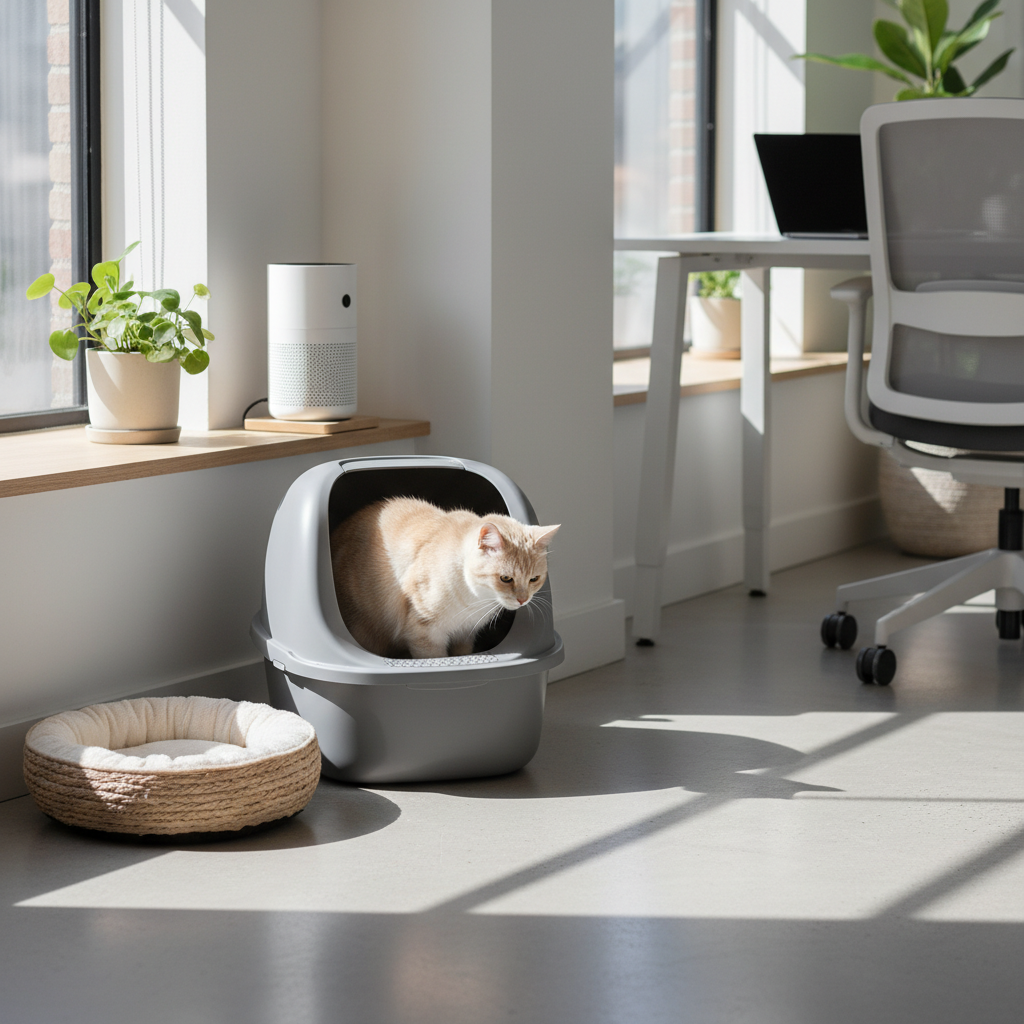 一隻奶油色短毛貓正在灰色的貓砂盆中，貓砂盆旁擺放著一個米白色貓窩。整個場景設定在一個光線明亮的現代化室內空間，窗邊有盆栽和空氣清淨機，遠處可見辦公桌椅，顯示出這是居家養貓生活的一隅。
