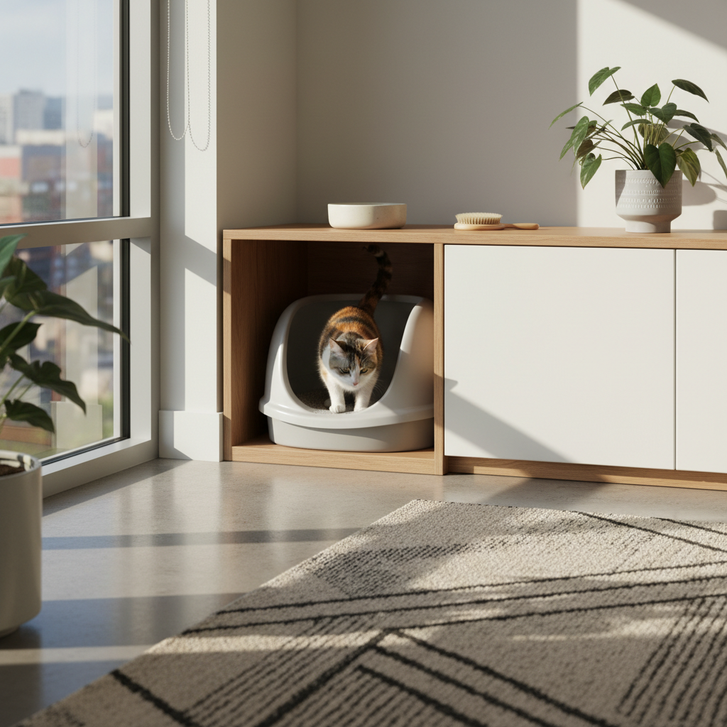 一隻橘白相間的貓咪從米色貓砂盆中走出，這個貓砂盆巧妙地嵌在一個淺木色收納櫃的開放式隔間裡。貓咪正要走出貓砂盆，眼神看向左前方。整個場景設置在一個光線明亮的現代房間角落，透過大片窗戶可以看到窗外城景，陽光灑落在水泥地板和一張灰白色幾何圖案地毯上，營造出溫馨的養貓生活氛圍。櫃子上方還擺放著一個貓食碗和一把梳子，顯示出對貓咪照護的細心。