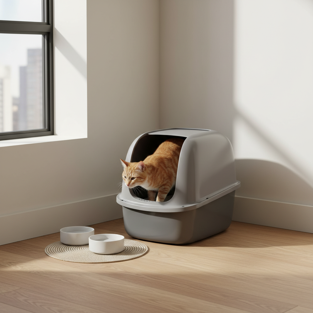 一隻橘色的貓咪正從灰色的封閉式貓砂盆中走出來，看起來剛結束如廁。貓砂盆放置在淺色木質地板的角落，旁邊的淺色地墊上放著兩個白色的貓碗。窗戶透進的陽光灑落在地板上，整體畫面呈現出居家且溫馨的養貓生活場景，同時也凸顯了貓咪健康與日常照護的重要性。