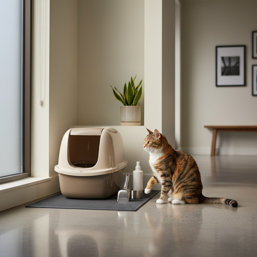 一隻擁有橘色與棕色斑紋的虎斑貓，正專注地看著旁邊的淺棕色有蓋貓砂盆。貓咪的一隻前腳微微抬起，準備踏入貓砂盆。貓砂盆下方鋪著一張深灰色貓砂墊，旁邊還擺放著貓砂鏟、洗手乳或清潔劑瓶子等養貓必備用品。整個場景顯示出居家貓咪照護的日常，非常適合養貓新手參考貓砂推薦和貓砂盆清潔的資訊。