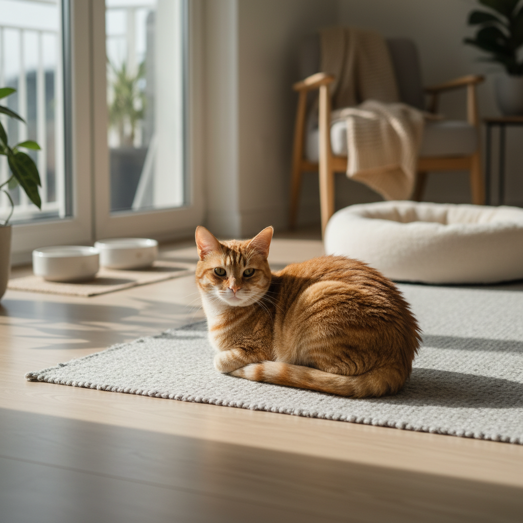 一隻橘貓慵懶地趴在溫暖陽光灑落的客廳地毯上,畫面可見貓咪專屬的柔軟貓床和餐碗,營造出舒適的養貓生活環境。