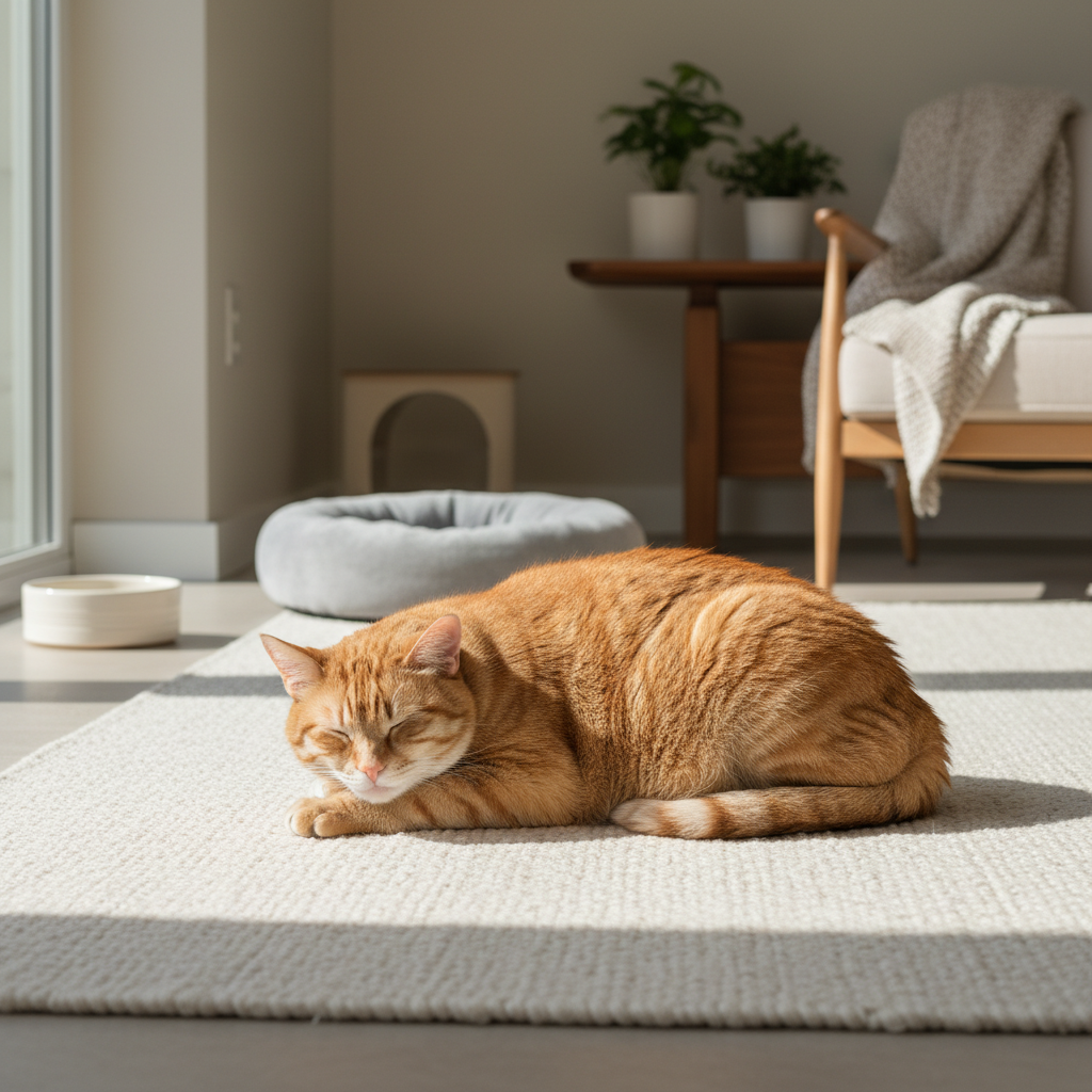 橘色貓咪在陽光灑落的客廳地毯上舒服地睡著,呈現慵懶舒適的養貓生活景象
