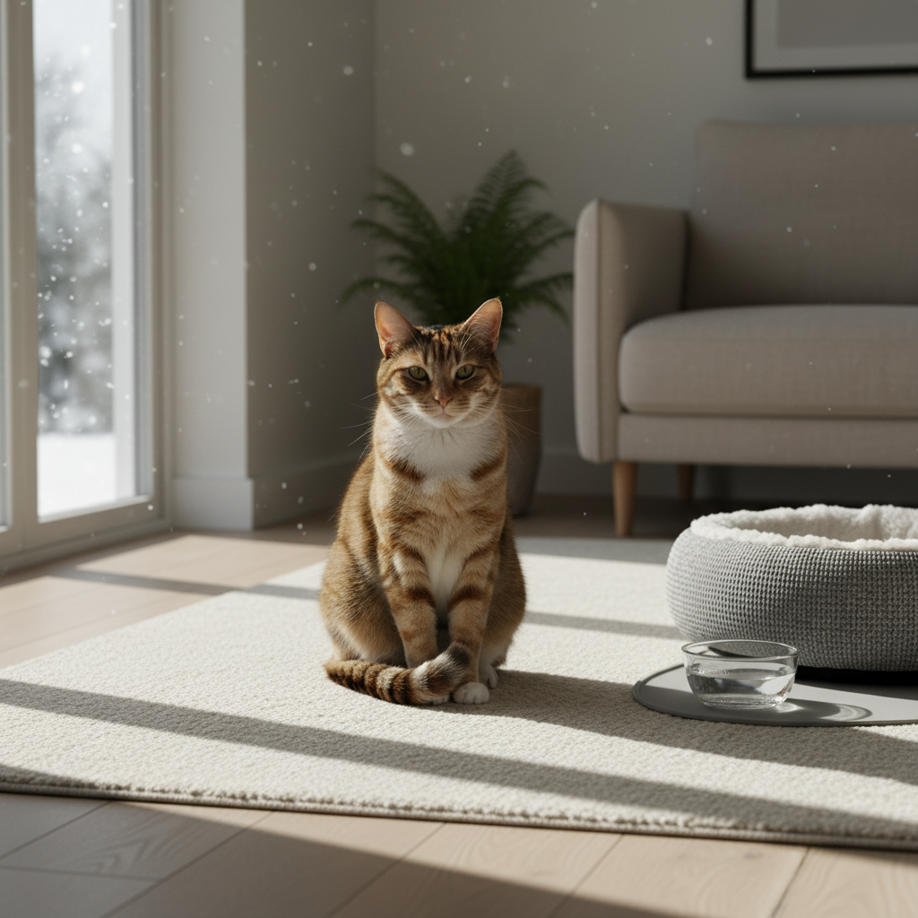 一隻橘貓端坐在灑滿陽光的室內地毯上，窗外是下雪的冬日景色，陽光透過窗戶在地毯上形成條紋狀的光影。橘貓的眼神專注地看向前方，展現牠優雅的姿態。在牠的右側可以看到一個灰色的貓窩和水碗，顯示出這是一個為貓咪精心準備的溫馨居家環境。這張圖片提醒我們在寒冷的季節裡，貓咪健康與照護的重要性，確保牠們在舒適的環境中，同時也能觀察牠們的活動與精神狀況，這是養貓生活中不可或缺的一部分。