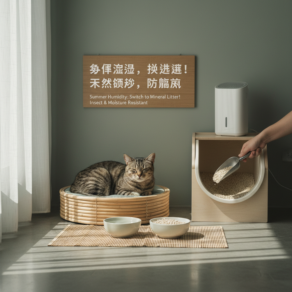 繁體中文 alt：一隻貓咪躺在貓砂盆旁，身邊有兩個碗，旁邊還有一台貓砂除臭機，這張圖片展示了貓咪照護、貓咪保健與貓砂推薦的場景，非常適合養貓新手或關注貓咪健康的讀者。