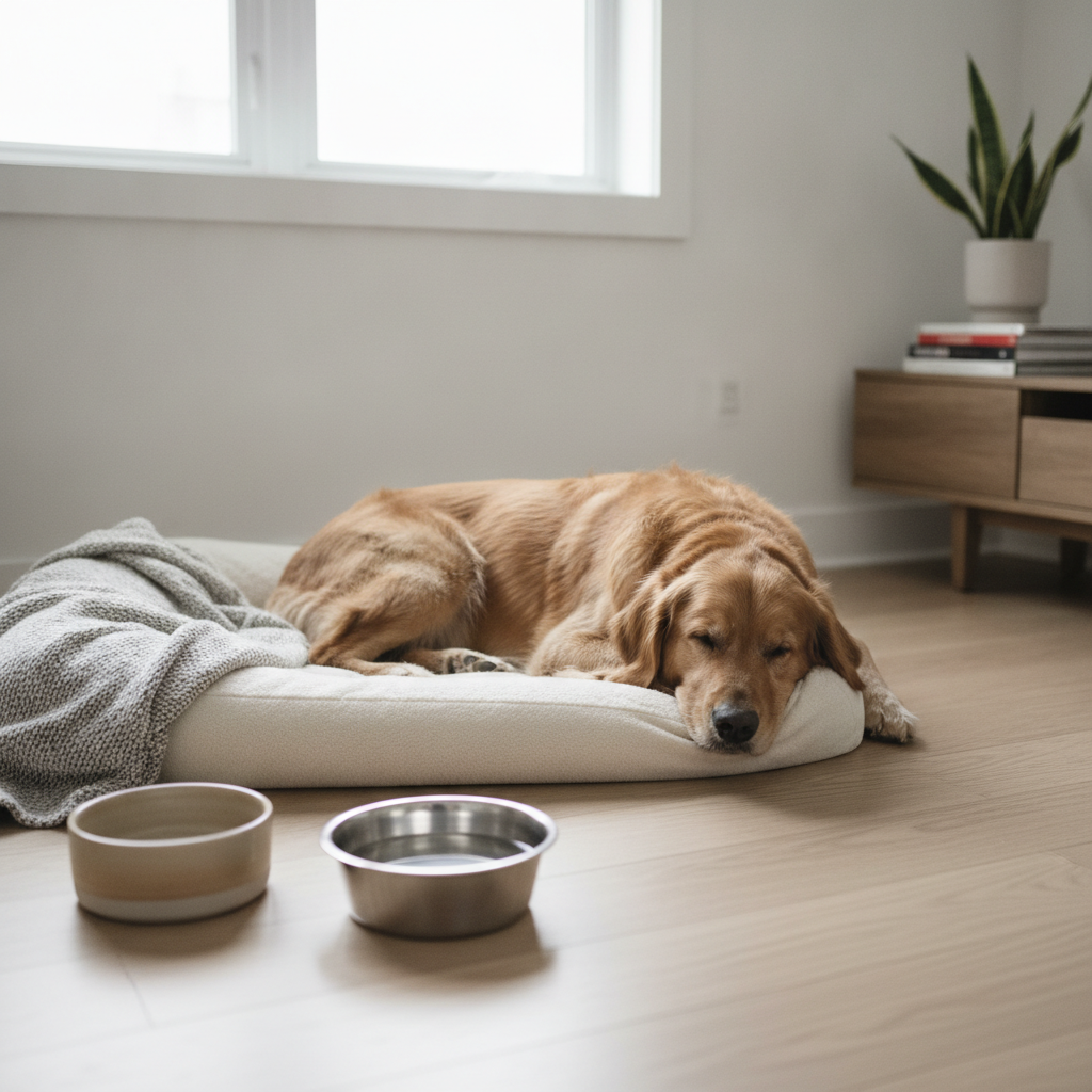 ▲一隻金色拉布拉多犬在室內的狗床上安靜睡覺，旁邊放著兩個狗碗，房間明亮整潔，適合養狗新手或寵物照護的環境。