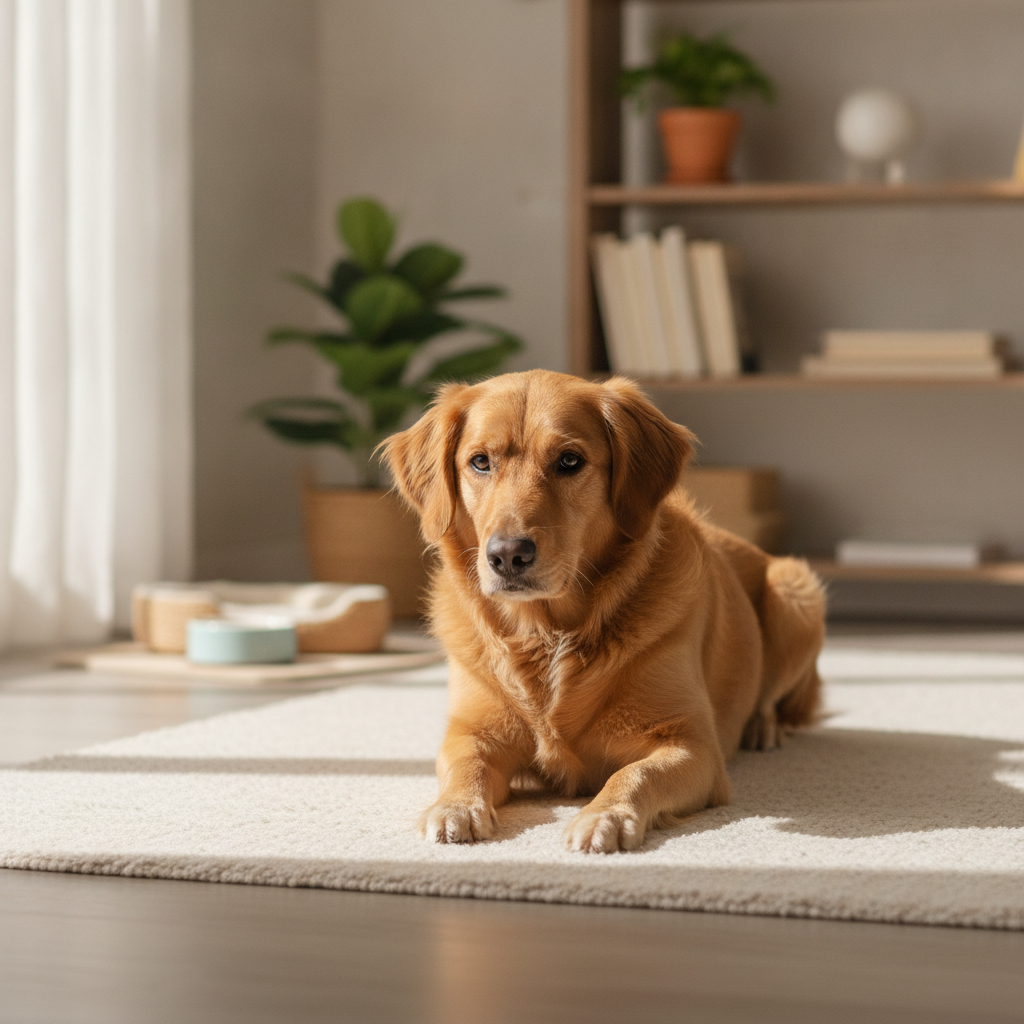 ▲一隻金色拉布拉多犬躺在客廳的地毯上，背景有書架、綠色植物和貓狗用品，展現溫馨的養寵家庭氛圍。