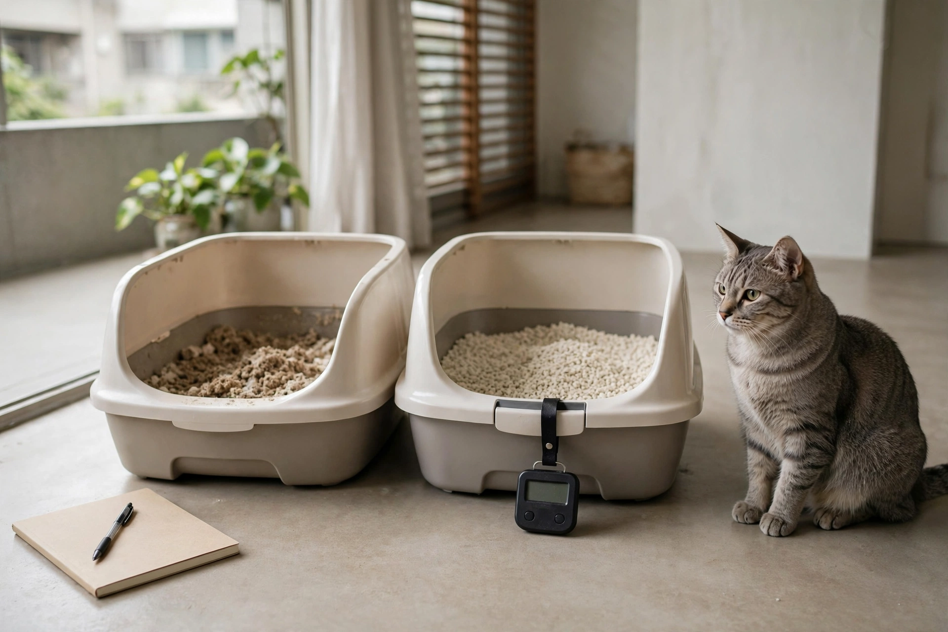 飼主用體重計秤貓砂盆重量並在筆記本記錄每日讀數