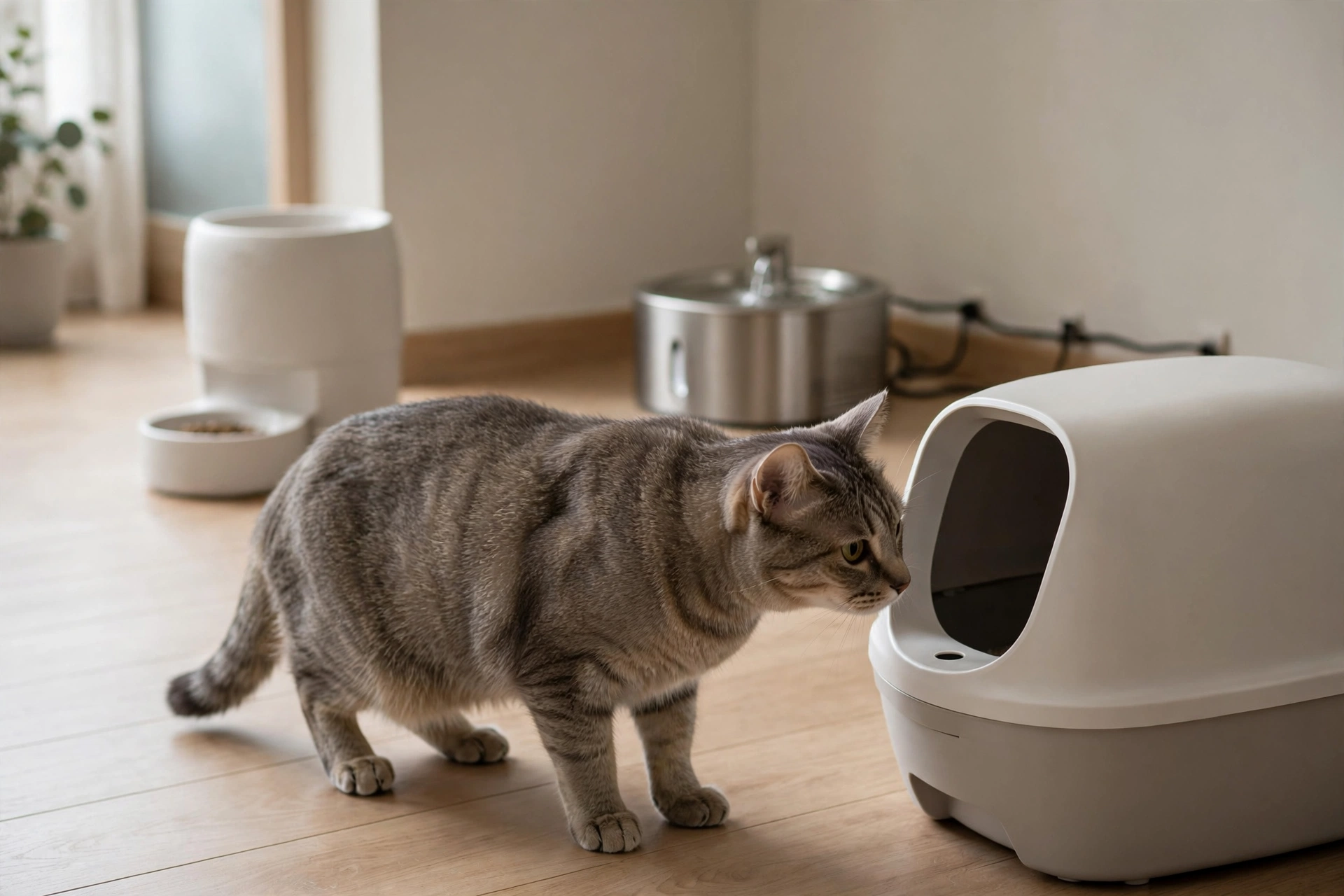 飼主在客廳檢視自動貓砂機與自動餵食器的擺放位置與動線
