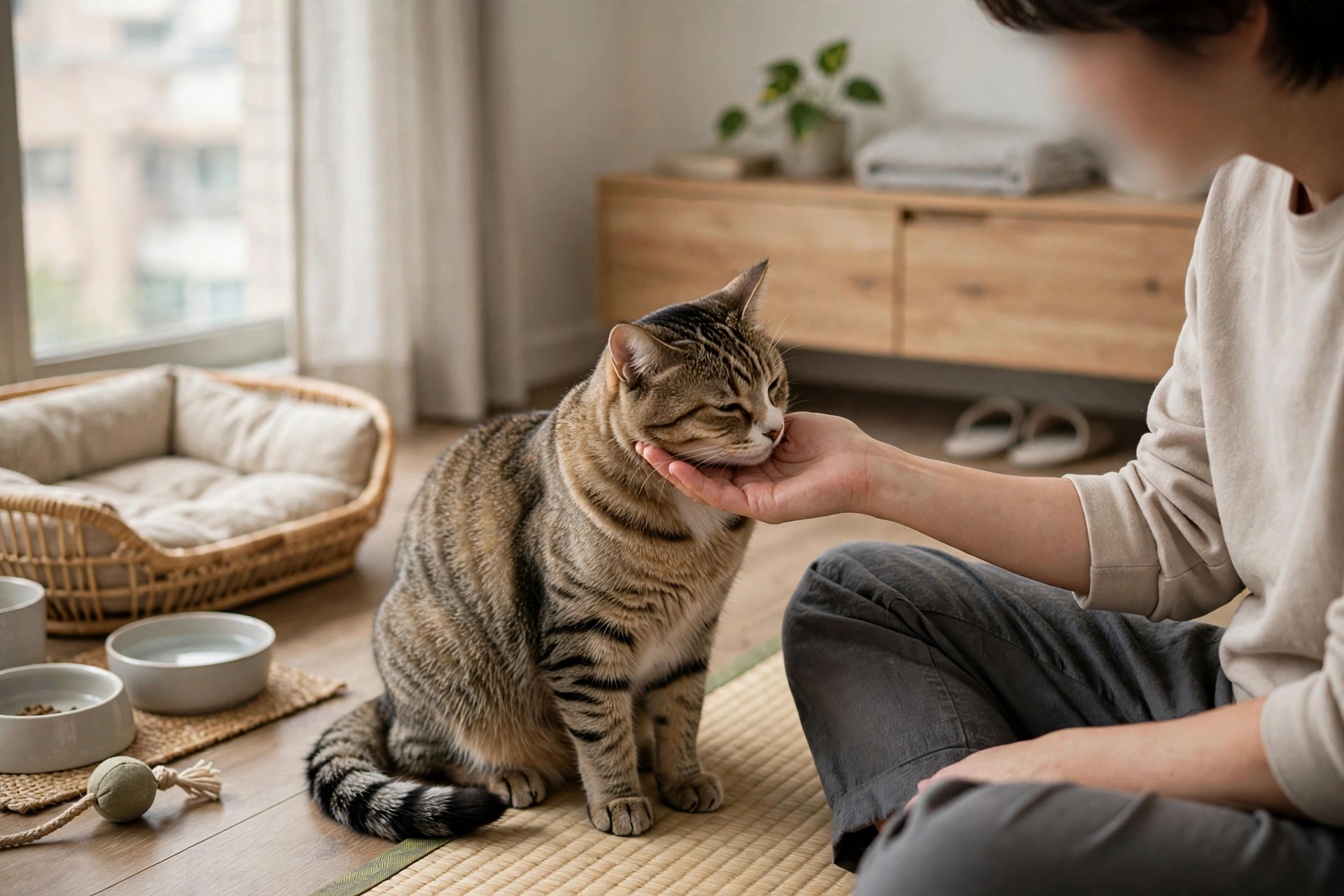飼主與貓咪在安靜空間進行短時間互動
