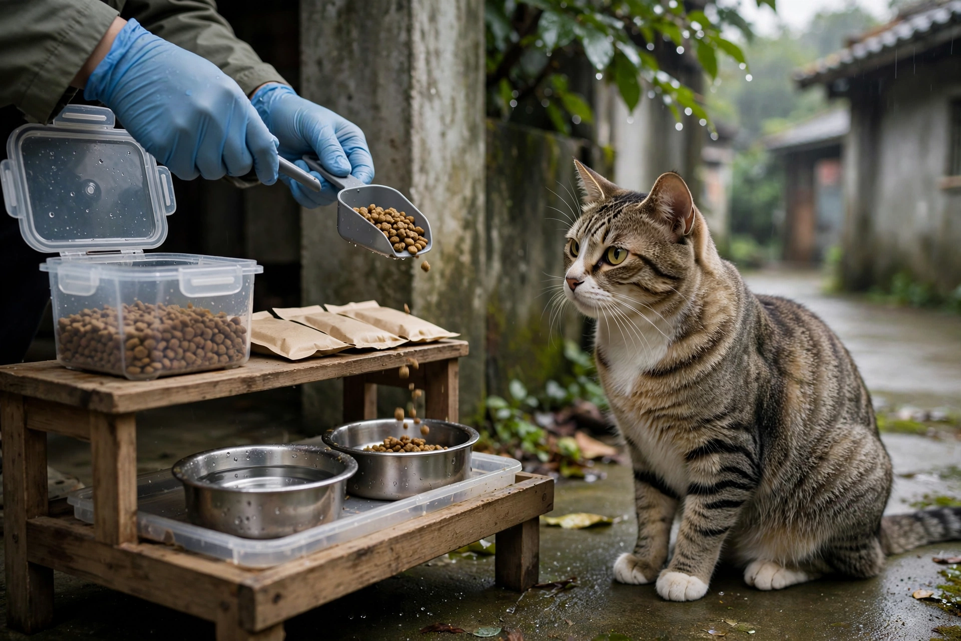 社區戶外餵食點的密封飼料桶與離地架，桶內出現受潮結塊情形