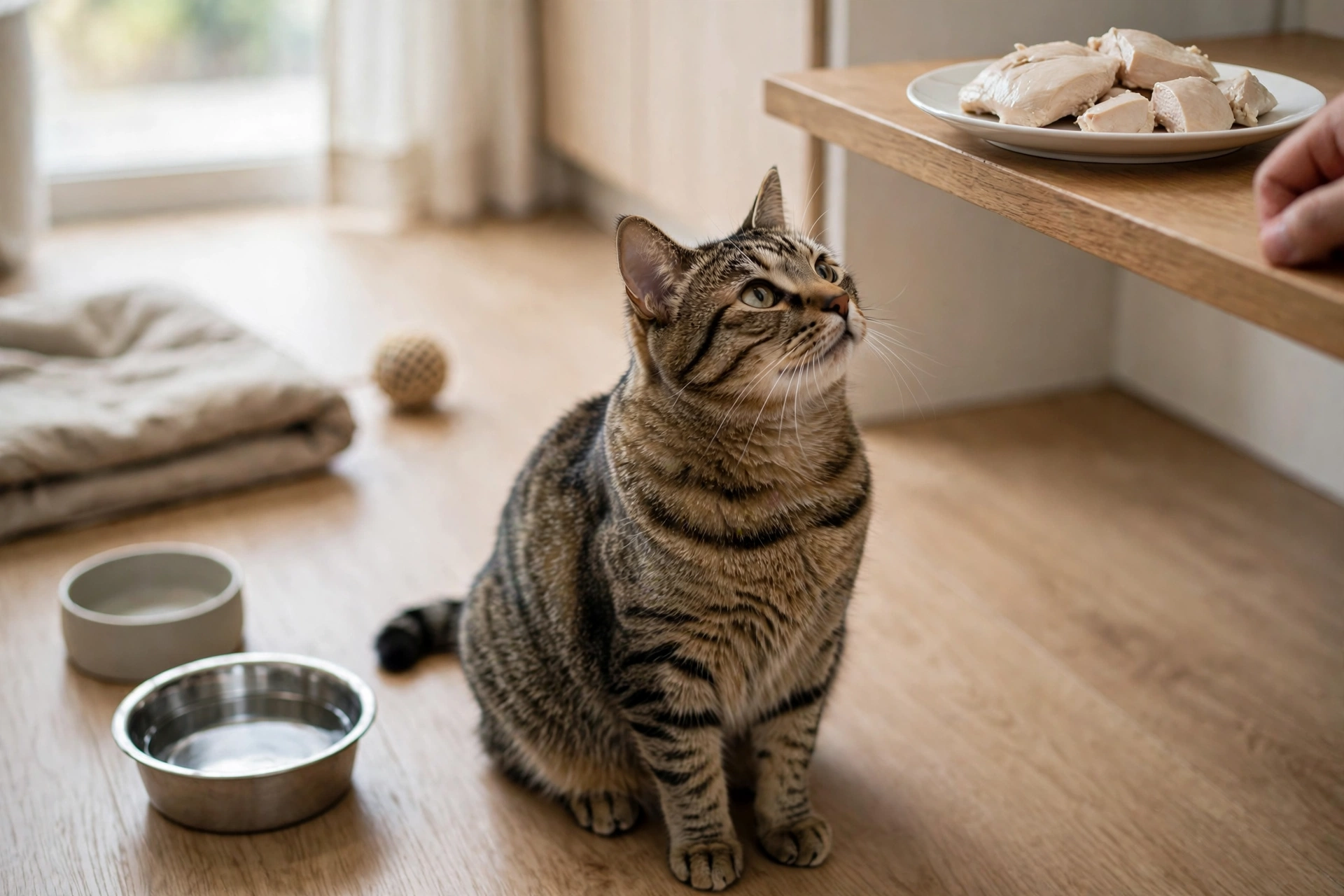 貓咪靠近餐桌，飼主正在判斷人類食物是否適合分享