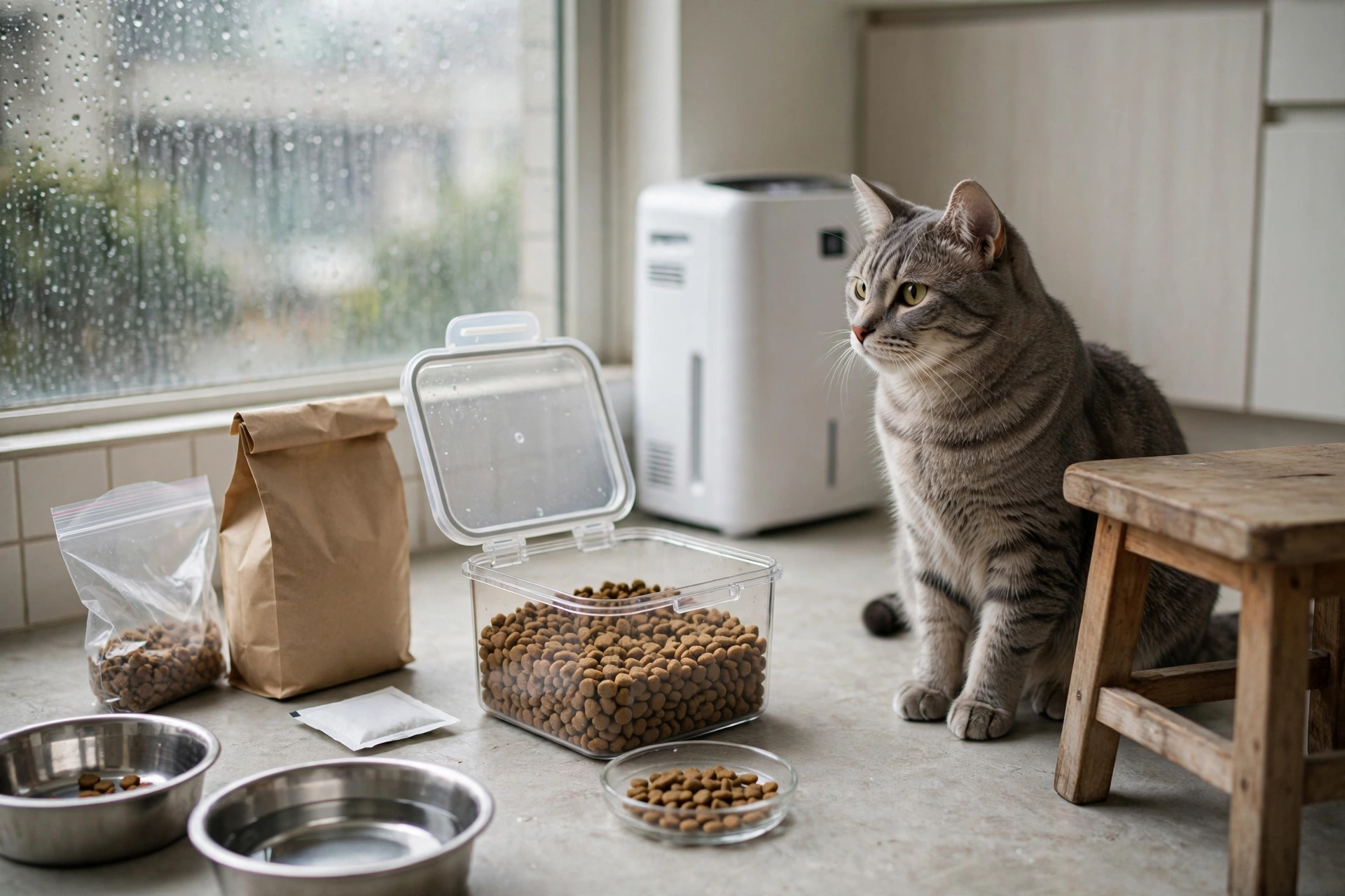 貓咪飼料以密封容器與乾燥劑保存於陰涼櫃內