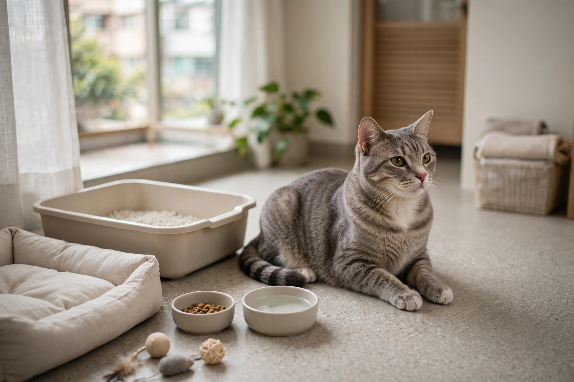 貓咪躺在窗邊睡窩上，飼主以無香精清潔布擦拭周邊織品