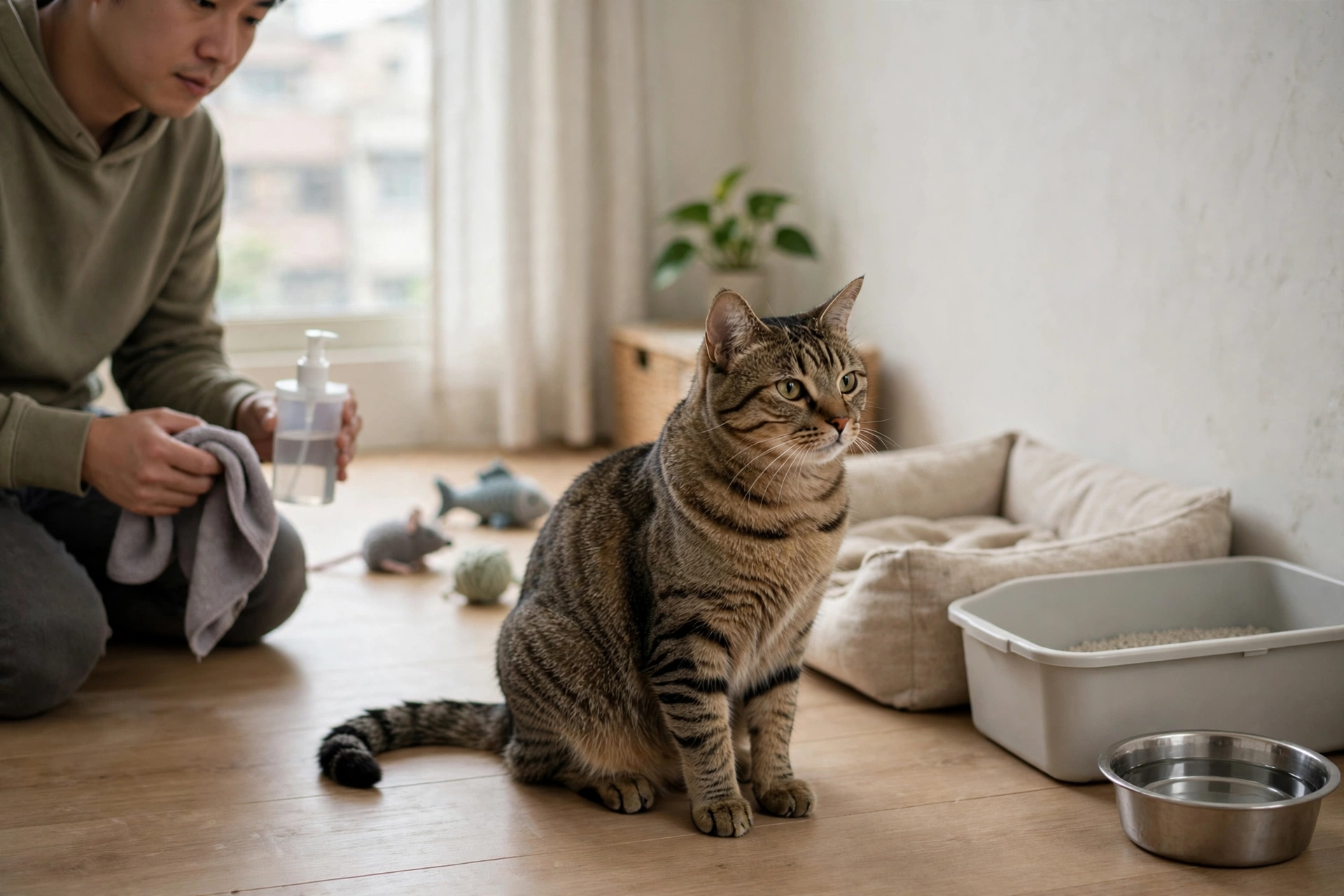 飼主靠近貓咪聞氣味並在手機記錄的示意畫面