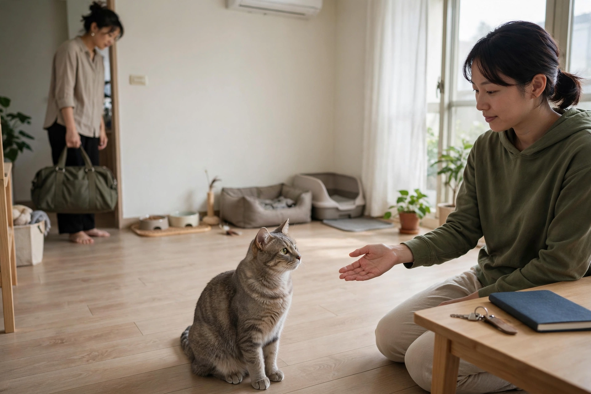 飼主與到府貓保母進行照護交接並核對檢查清單