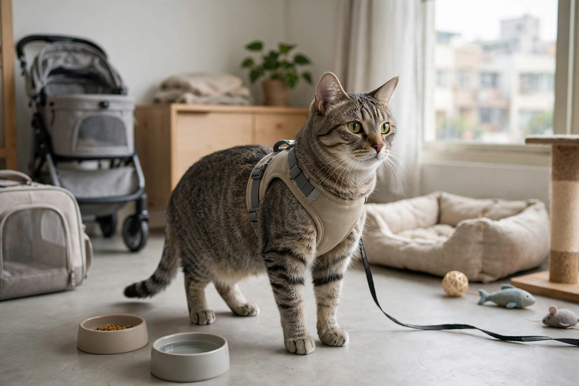 飼主在社區中庭以胸背帶牽繩帶貓外出的安全評估情境