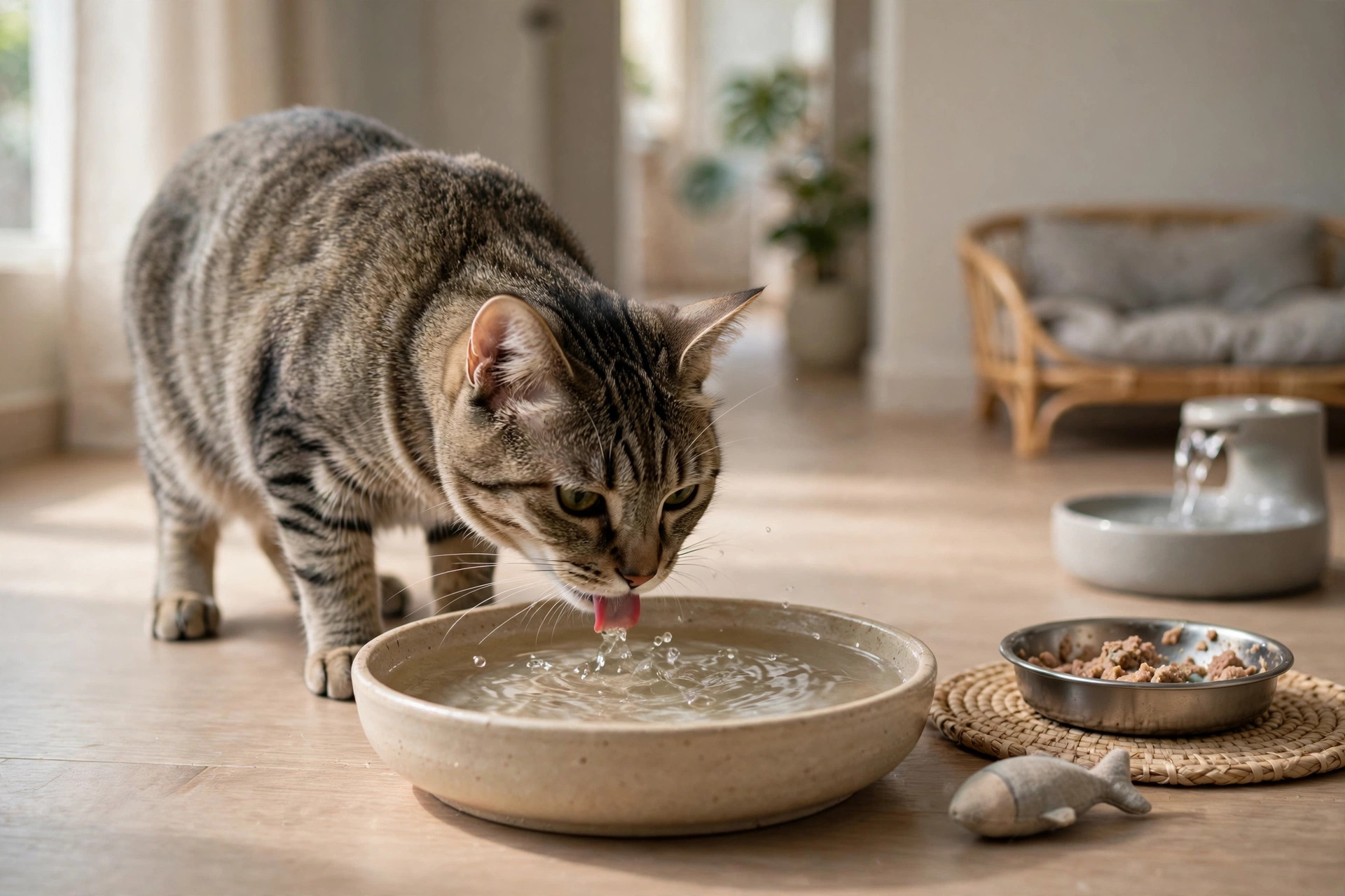 貓咪在飲水機旁喝水，飼主在旁記錄飲水量