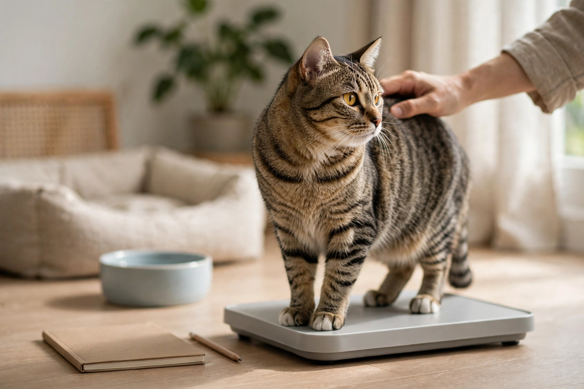 貓咪站在體重計旁，飼主在旁記錄體重與體態變化