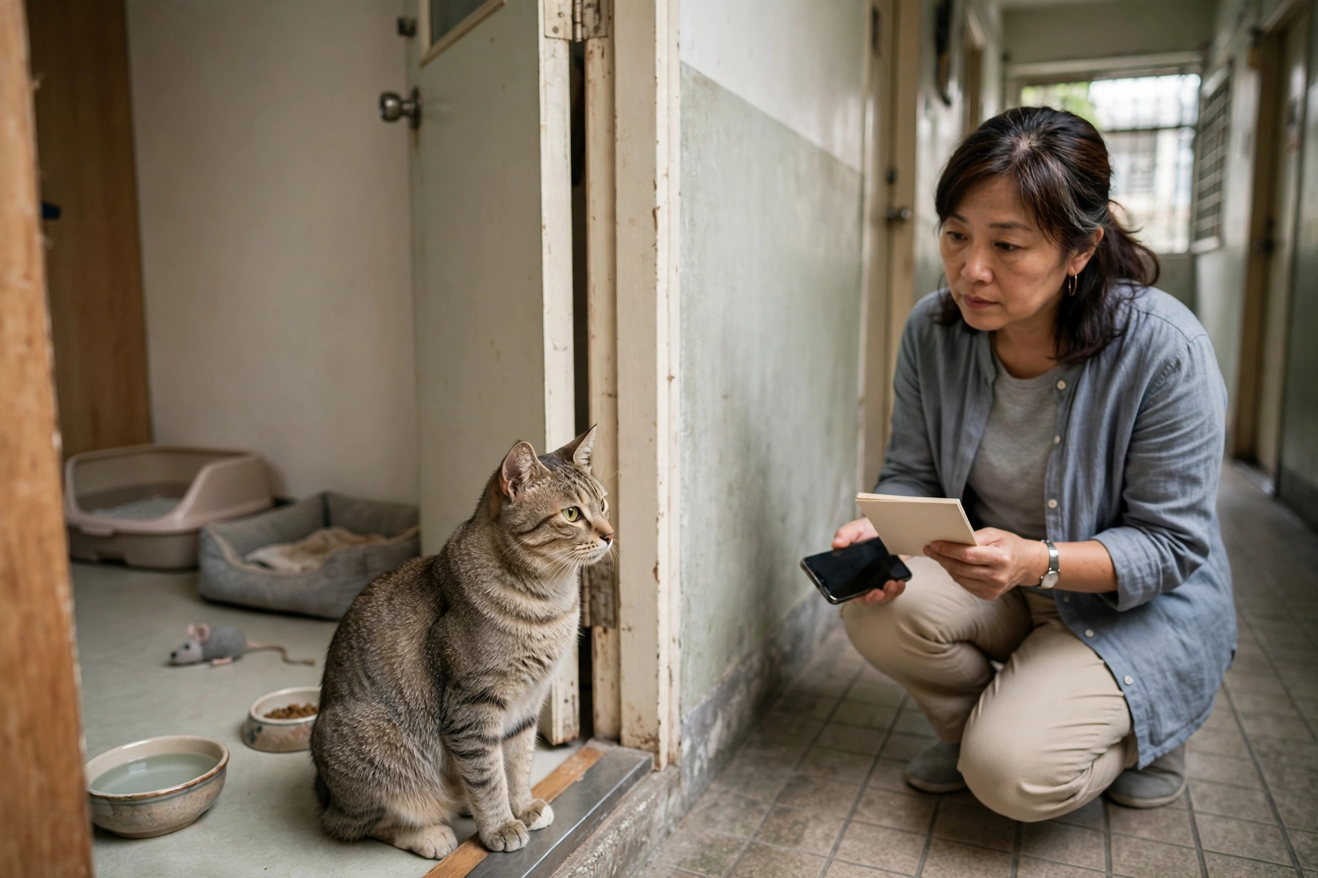 社區大樓走廊與住戶門口，鄰居正在確認獨居飼主家中的貓咪狀況