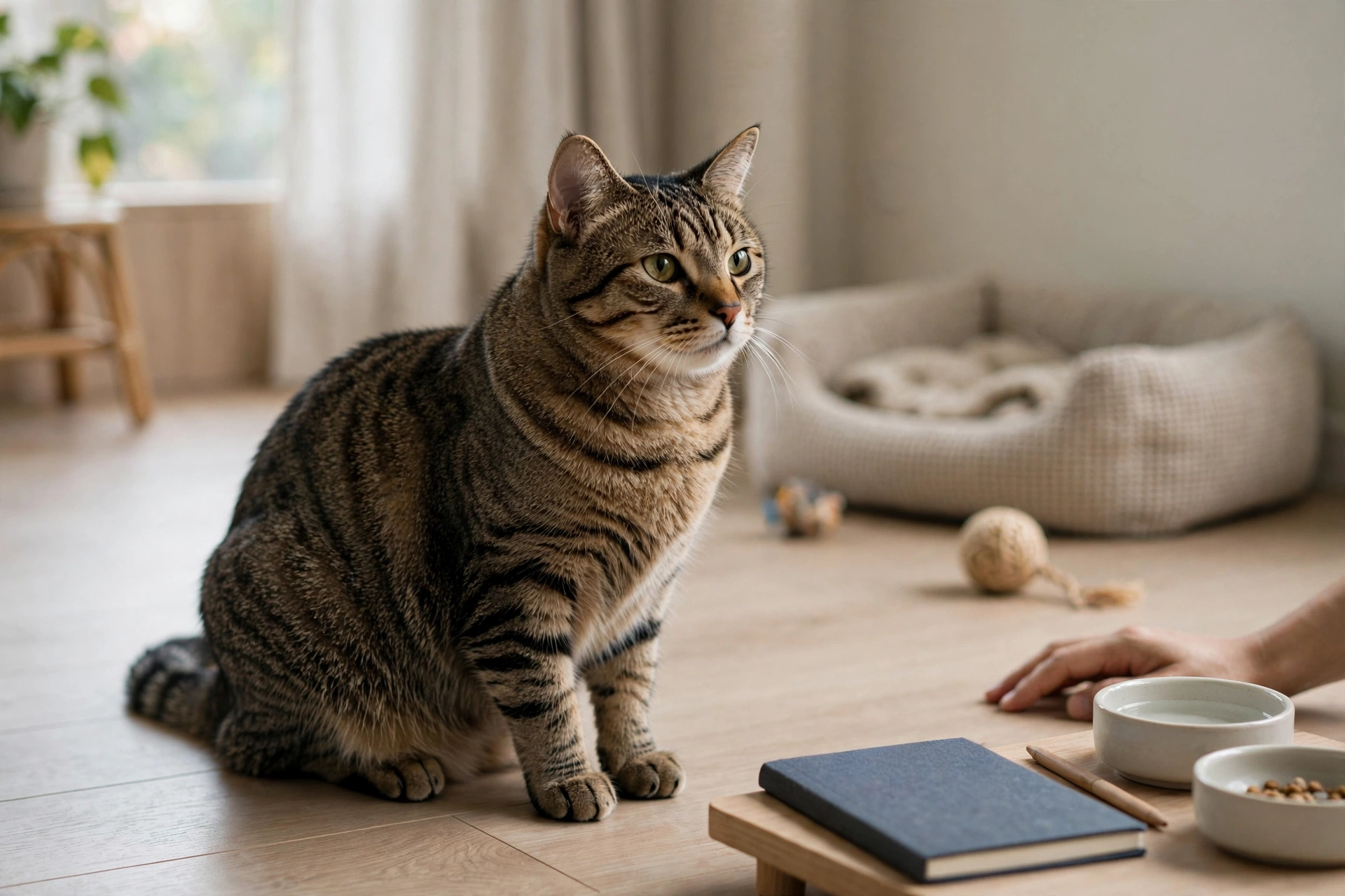 飼主拿著貓咪健檢報告與歷次數值趨勢表討論追蹤方式