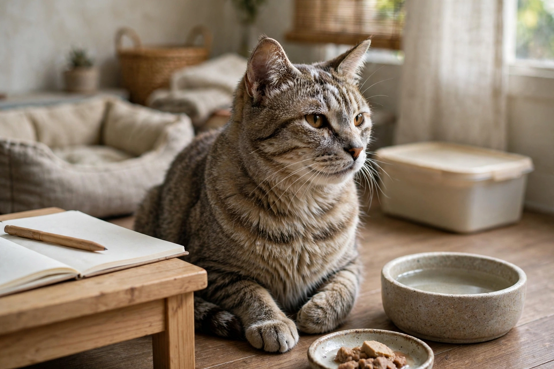 熟齡貓在碗前進食，飼主在旁準備飲食紀錄表